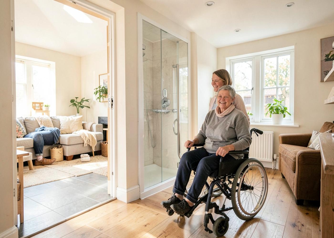 A comfortable, adapted home interior with wide access